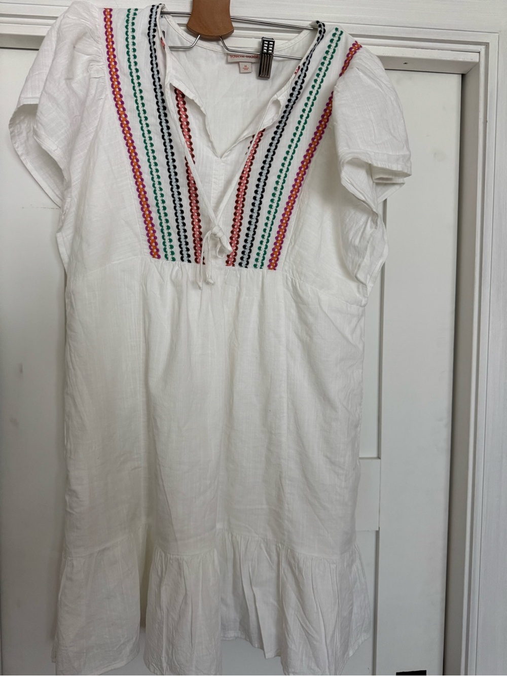 White Embroidered Cotton Tunic Dress with Multicolor Trim